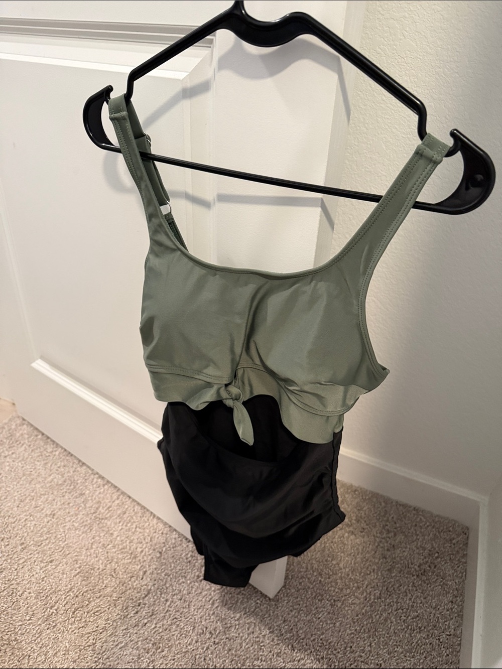 Amazon Olive and Black Tie-Front One-Piece Swimsuit with Wide Straps